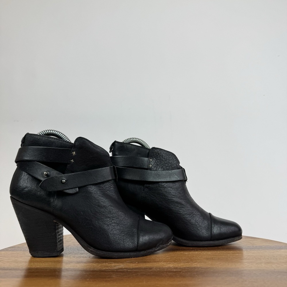 Womens Rag & Bone Harrow Black Leather Harness Heeled Ankle Boots Size EU 36.5